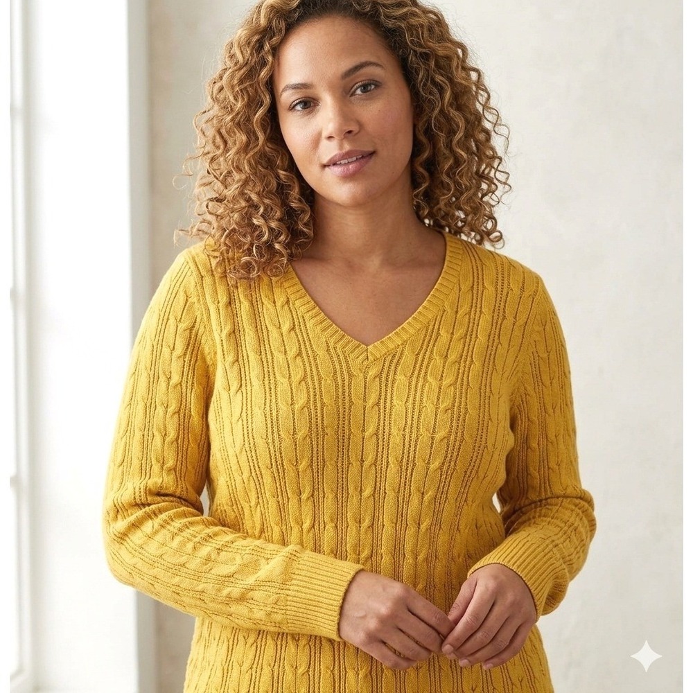 St. John's Bay Mustard Yellow V Neck Cable Knit Pullover Sweater (L)